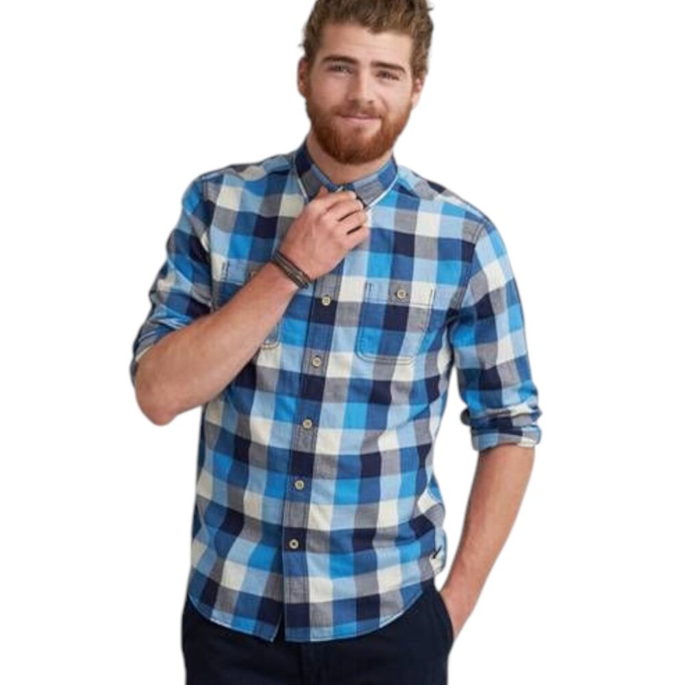 EUC Men's AMERICAN EAGLE Classic Fit Checkered‎ Plaid Shirt Chambray | Size XL